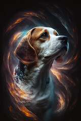 Pies połączony z mgławicą galaktyczną. Pies na czarnym tle w magicznym, abstrakcyjnym wydaniu. Wygenerowane Ai