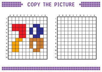 Copy the picture, complete the grid image. Educational worksheets drawing with squares, coloring cell areas. Preschool activities, children's games. Cartoon vector illustration, pixel art. Number 78.