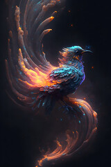 Ptak połączony z mgławicą galaktyczną. Ptak na czarnym tle w magicznym, abstrakcyjnym wydaniu. Generative AI - obrazy, fototapety, plakaty