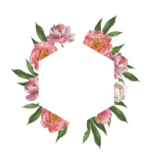 Watercolor floral frame template with pink peony flowers and green leaves. Hand drawn botanical border for title, wedding invitation, greeting card design