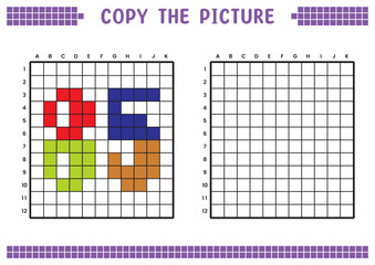 Copy the picture, complete the grid image. Educational worksheets drawing with squares, coloring cell areas. Preschool activities, children's games. Cartoon vector illustration, pixel art. Number 85.