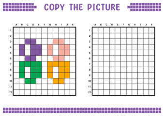 Copy the picture, complete the grid image. Educational worksheets drawing with squares, coloring cell areas. Preschool activities, children's games. Cartoon vector illustration, pixel art. Number 88.