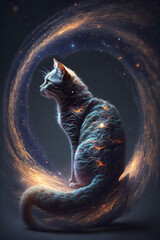 Kot połączony z mgławicą galaktyczną. Kot na czarnym tle w magicznym, abstrakcyjnym wydaniu. Generative AI - obrazy, fototapety, plakaty