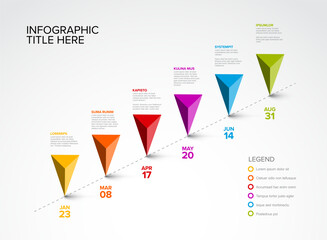 Timeline with six triangle pyramid arrows pointers on a diagonal line template