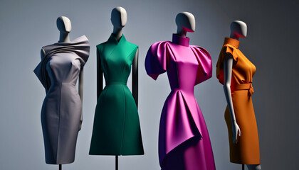 Make a statement with 4 unique Asymmetric Sleeves dresses on mannequins, ready for your next fashion photo shoot. Clean backdrop ensures focus on dresses.  Created with generative Ai Technology