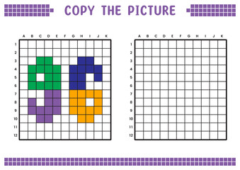 Copy the picture, complete the grid image. Educational worksheets drawing with squares, coloring cell areas. Preschool activities, children's games. Cartoon vector illustration, pixel art. Number 96.