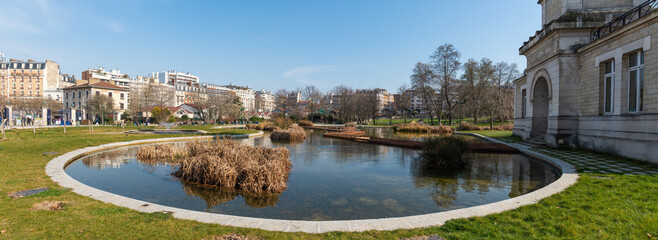 Georges Brassens Public Park in winter after renovation. This Park is located in the 15th arrondissement of Paris, France.