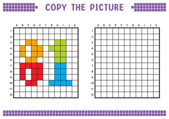 Copy the picture, complete the grid image. Educational worksheets drawing with squares, coloring cell areas. Preschool activities, children's games. Cartoon vector illustration, pixel art. Number 81.