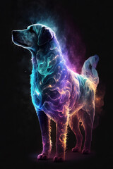 Pies połączony z mgławicą galaktyczną. Pies na czarnym tle w magicznym, abstrakcyjnym wydaniu. Generative AI