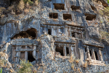 Rock king tombs, symbols of Fethiye city, Amyntas Rock Tombs, Mugla, Turkey.
