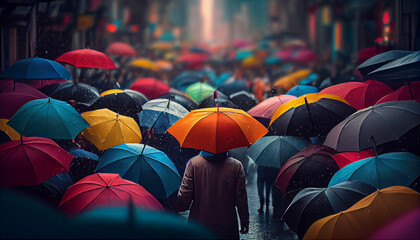 colorful umbrella open in the crowded street on the street - obrazy, fototapety, plakaty