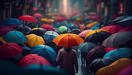 Fotobehang colorful umbrella open in the crowded street on the street © PaulShlykov