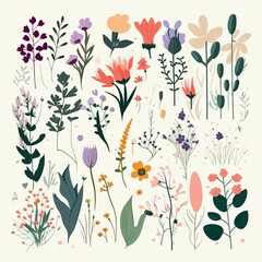 Various individual flowers, leaves, nature flat vector illustration