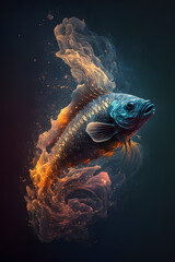 Ryba połączona z mgławicą galaktyczną. Ryba na czarnym tle w magicznym, abstrakcyjnym wydaniu. Generative AI - obrazy, fototapety, plakaty