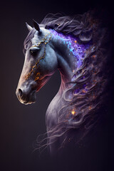 Głowa Konia połączona z mgławicą galaktyczną. Koń na czarnym tle w magicznym, abstrakcyjnym wydaniu. Generative AI - obrazy, fototapety, plakaty