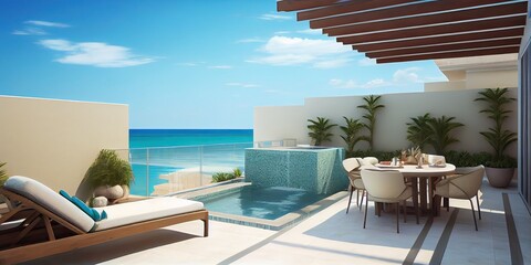 Fototapeta premium Luxury penthouse terrace with a swimming pool overlooking the beach, generative AI
