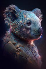 Głowa misia koala połączona z mgławicą galaktyczną. Koala na czarnym tle w magicznym, abstrakcyjnym wydaniu. Generative AI