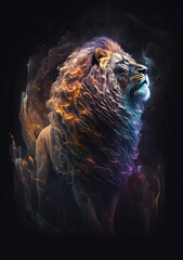 Głowa lwa połączona z mgławicą galaktyczną. Lew na czarnym tle w magicznym, abstrakcyjnym wydaniu. Generative AI - obrazy, fototapety, plakaty
