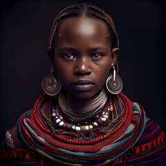 Retrato de una mujer Masái , de una tribu africana mirando a la cámara , colorida indumentaria y  abalorios colgando del cuello, generado con IA.