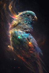 Głowa ary połączona z mgławicą galaktyczną. Papuga na czarnym tle w magicznym, abstrakcyjnym wydaniu. Generative AI - obrazy, fototapety, plakaty