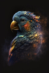 Głowa ary połączona z mgławicą galaktyczną. Papuga na czarnym tle w magicznym, abstrakcyjnym wydaniu. Generative AI - obrazy, fototapety, plakaty