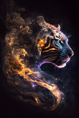 Głowa tygrys połączona z mgławicą galaktyczną. Tygrys na czarnym tle w magicznym, abstrakcyjnym wydaniu. Generative AI