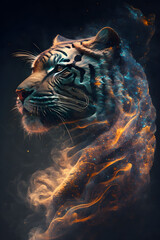 Głowa tygrys połączona z mgławicą galaktyczną. Tygrys na czarnym tle w magicznym, abstrakcyjnym wydaniu. Generative AI