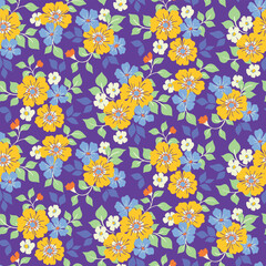 Seamless floral pattern, colorful retro style ditsy print with decorative art garden. Cute botanical design with small hand drawn flowers, leaves, branches in bouquets on a blue background. Vector.