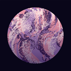 Isolated image of the planet in purple colors. Sphere with an abstract pattern of paint stains, texture inclusions on a dark purple background. View of the planet from space. Vector illustration.
