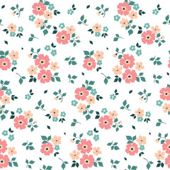 Seamless floral pattern, cute ditsy print with a rustic motif. Pretty flower decor, botanical design: small hand drawn flowers, leaves, branches in bouquets on white background. Vector illustration.