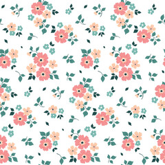Seamless floral pattern, cute ditsy print with a rustic motif. Pretty flower decor, botanical design: small hand drawn flowers, leaves, branches in bouquets on white background. Vector illustration.