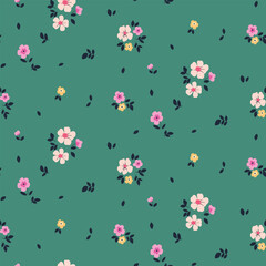 Seamless floral pattern, liberty ditsy print with cute tiny flowers. Pretty botanical design with small hand drawn flowers, leaves on a blue green field. Girly flower background. Vector illustration.