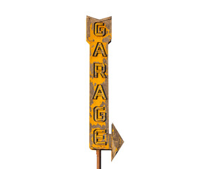 Vintage neon garage arrow sign isolated with cut out background. © trekandphoto