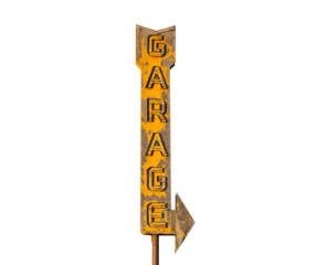 Vintage neon garage arrow sign isolated with cut out background.