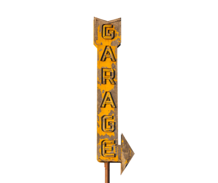 Vintage neon garage arrow sign isolated with cut out background.