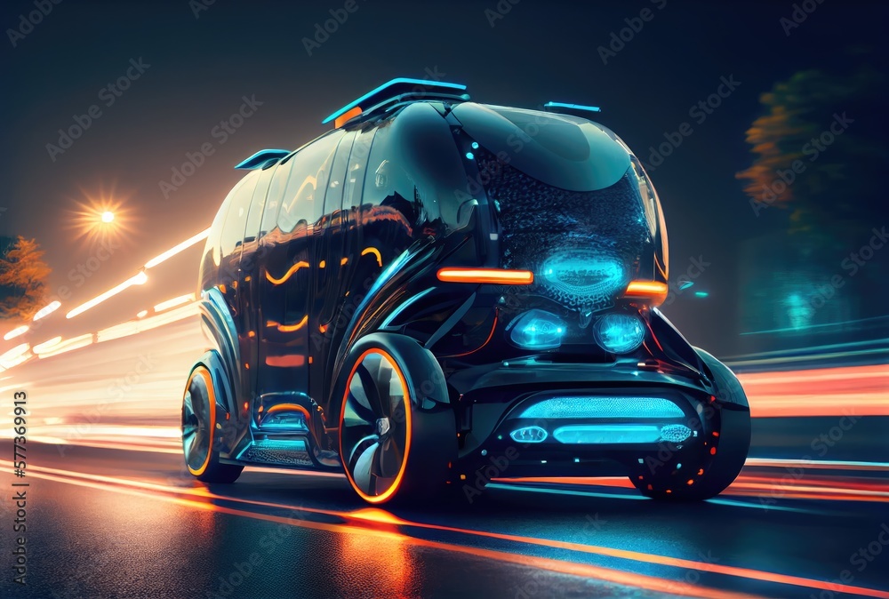 Canvas Prints Future car on the road in the city urban scene at night and light trail background. Long exposure. Technology and transportation concept. Generative AI