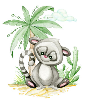 Cute lemur, sitting on the background of palm trees, cactus. Watercolor clipart in cartoon style.