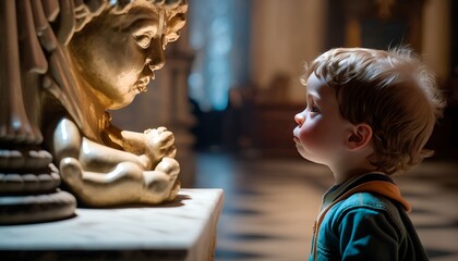 girl praying while looking at jesus statue in church, Generative AI
