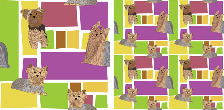 Yorkshire Terrier dog summer bright wallpaper. Holiday abstract shapes square seamless background, repeatable pattern. Birthday wallpaper, Christmas present, print tiles. Simple elements with dogs.