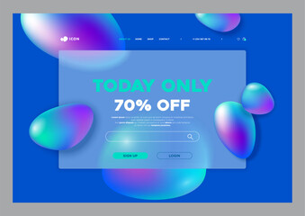 Sales Promotions or Discount content at Glass Morphism style. Translucent template for web site. Frosted glass and abstract bubbles. 