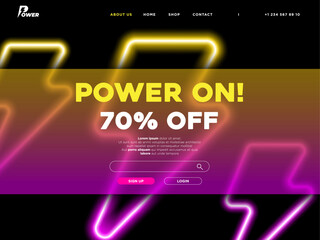Template for web site in Glass Morphism style. Sales Promotions or Discount content. Frosted glass and neon lightning.