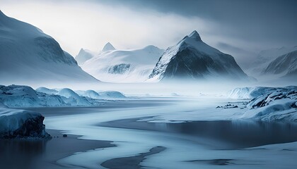 Fototapeta na wymiar Frozen Glacial Mystical Minimalist Landscape: A Moody Enchantment - Generative AI