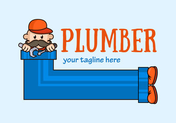 Funny concept plumber climbs out of the pipe for logo. Cute repairman icon.