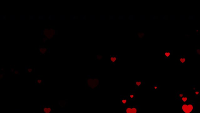Loop abstract flow up red hearts particles on black background. Animation for Valentine day, Birthday party, wedding or any holiday. Background for romantic animation.