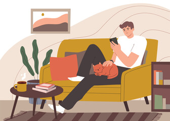 A young man sitting on a sofa and holding a smartphone. Relax and communication. Hand drawn vector colorful cartoon style illustration