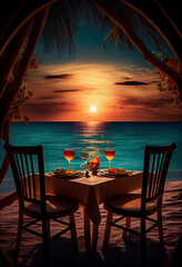 Fototapeta premium Served table by the sea at sunset. AI generated