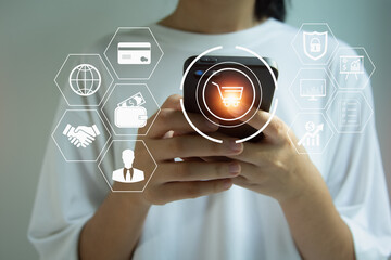 Mobile banking network, online payment, digital marketing. Using mobile phone with paying via mobile banking app with icon network connection on virtual screen. Financial Technology.