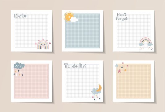 Set of memo with cute hand-drawn illustration. Template for planners, checklists, cards, notebooks, agenda, schedule and other stationery.