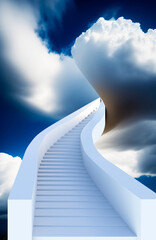 A surreal concept image of a white staircase leading from the ground to the sky and disappearing into a fluffy white cloud. Symbolic of ambition, dreams, and the journey to success. 3D Render