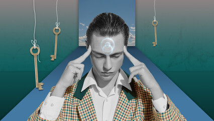 Surreal contemporary artwork of young man looks for exit. Concept of mysticism, mystery, underworld, dreams and doubts. Surrealism